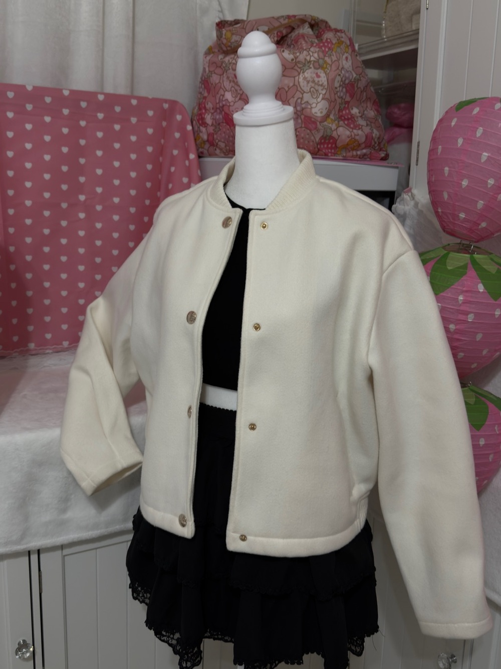 ZARA Milky Cream Varsity Jacket Basic Outerwear Casual Bomber Jacket with Button